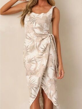 Dress Forum Linen Blend Tropical Wrap Midi Dress Size M Neutral Palm Print